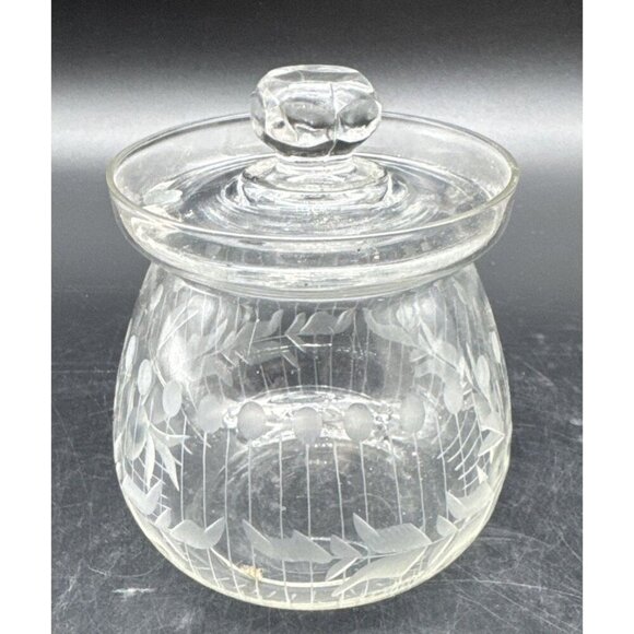 VTG Etched Glass Crystal Preserve Marmalade Jam Honey Jar Lidded Pot Retro 4” - Picture 1 of 8